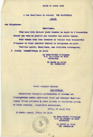 Télegrammes d'Alexis Armand Charost, Charles Delesalle et Maurice Anjubault au Général Von Graevenitz pour protester contre les évacuations des civils en avril 1916