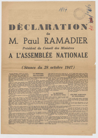 Déclaration de P. Ramadier, président du Conseil, à l'Assemblée Nationale. Séance du 28 octobre 1947.
