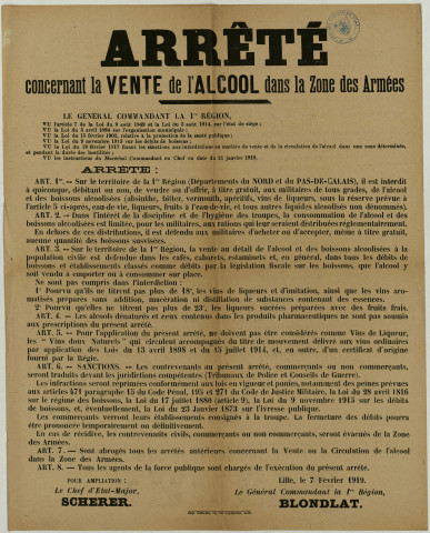 Commerce. - Arrêté concernant la vente d'alcool dans la zone des armées: 1 affiche