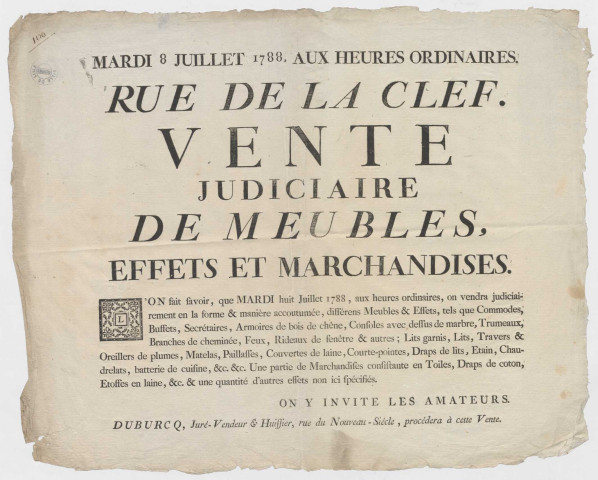 Lille, rue de la clef: vente de meubles, effets et marchandises