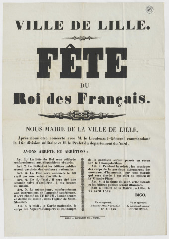 Arrêté municipal annonçant les modalités d'une fête nationale à Lille les 30 avril et 1er mai 1842 en l'honneur du roi des Français