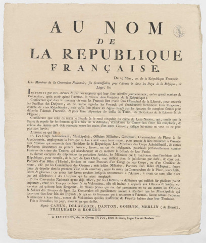 Instruction des membres de la Convention nationale, des commissaires auprès de l'armée et dans les pays de la Belgique, de Liège, etc Bruxelles.