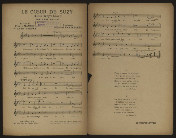 Le coeur de Suzy, paroles Pierre Manaut et André Hornez, musique Raymond Emmerechts