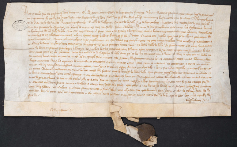 Commission royale délivrée à Guillaume de Villiers, Pierre de la Palu, seigneur de Varembon, Firmin de Coquerel et Jean de Traverey pour enquête sur les privilèges de Lille (28 décembre 1341).