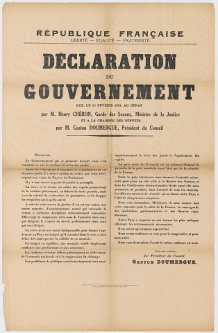 Déclaration du Gouvernement lue le 15 février 1934 au Sénat par H. Chéron, garde des sceaux et à la Chambre par G. Doumergue, président du Conseil.