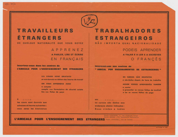 Lille "Travailleurs étrangers (...) apprenez à parler, lire et écrire en français". Affiche bi-lingue francais portugais. Amicale pour l'enseignement des étrangers