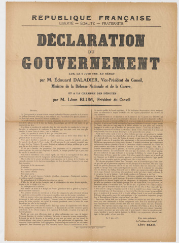 Déclaration du Gouvernement lue le 6 juin 1936 au Sénat par E. Daladier, vice-président du Conseil et à la Chambre par L. Blum, président du Conseil.
