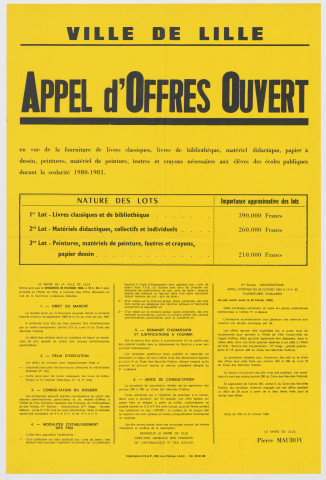 Ecoles publiques. Fournitures scolaires. Appel d'offres ouvert.