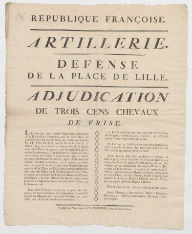 Lille, salle de la municipalité. Procès-verbal de l'adjudication de 300 chevaux de frise pour l'artillerie de défense de la place de Lille.