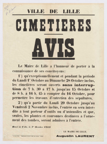 Cimetières. Fête de la Toussaint. Avis. Travaux d'entretien.