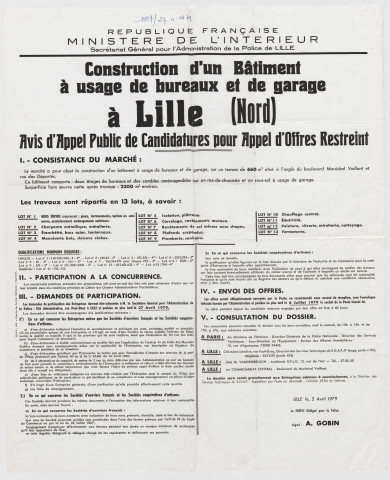 Police de Lille. Construction d'un bâtiment à usage de bureaux et de garages. Avis d'appel public de candidatures pour appel d'offres restreint.