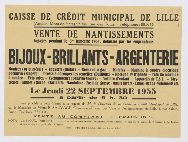 Caisse de Crédit Municipal de Lille. Vente de nantissements.