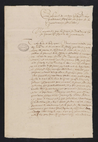 Mandement de la régente des Pays-Bas à Denis Delecambe dit Gantois, lieutenant de la Gouvernance, sur le placard monétaire se terminant par une clause sur la non-confiscation (19 juillet 1563).