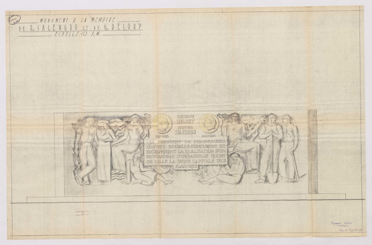Dessin du monument à Gustave Delory et Roger Salengro, 1958.  Archives municipales de Lille – 1M2/160