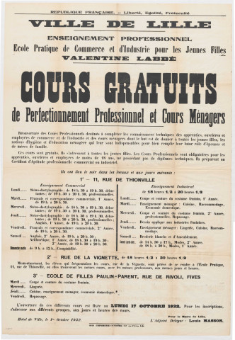Ecole Pratique de Commerce et d'Industrie pour jeunes filles Valentine Labbé et annexes. Cours gratuits de perfectionnement professionnel et cours ménagers horaires.