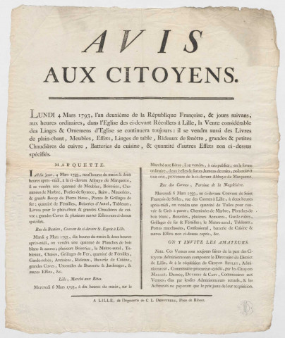 Lille, église des Recollets. Vente des ornements et linge d'église entreposés dans le couvent des Recollets, ainsi que de livres, meubles, effets, rideaux