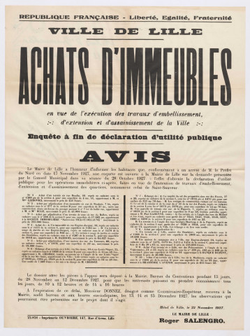 Achats d'immeubles en vue de l'extension et l'assainissement de la ville. Avis.