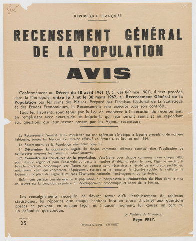 Ministère de l'Intérieur. Recensement général de la population du 7 au 30 mars 1962.