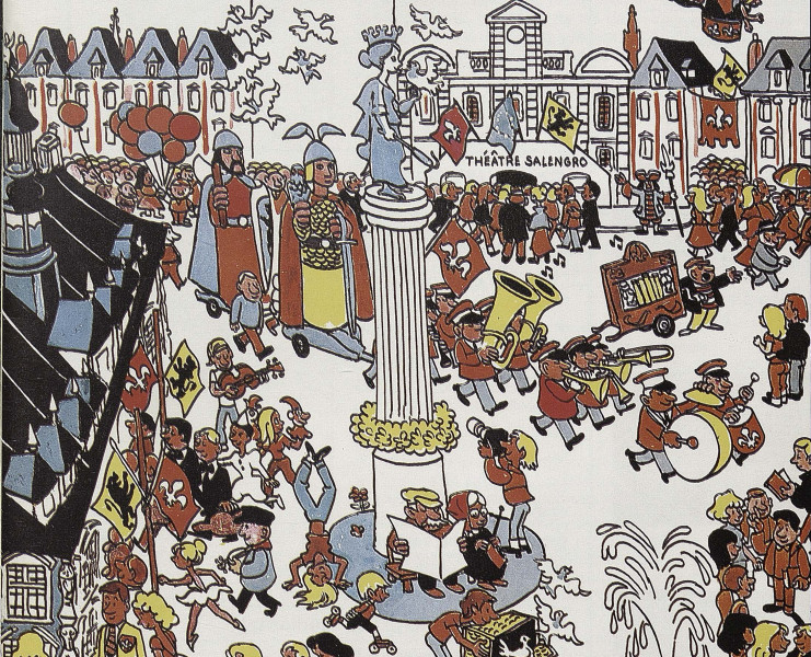 Les géants Lydéric et Phinaert sur la Grand Place. Dessin de l'agence Ekda international Lille publié dans la Nouvelle revue d'information et de documentation n°30. Archives municipales de Lille - 1C/4/1