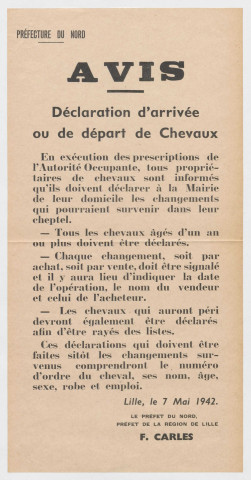 Avis concernant la déclaration d'arrivée ou de départ de chevaux.