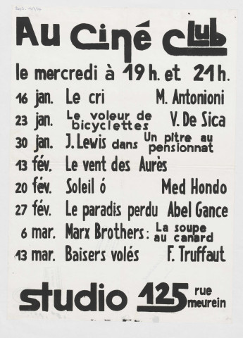 Studio 125, rue Meurein. Ciné-Club. Programme du 16 janvier au 13 mars 1974.