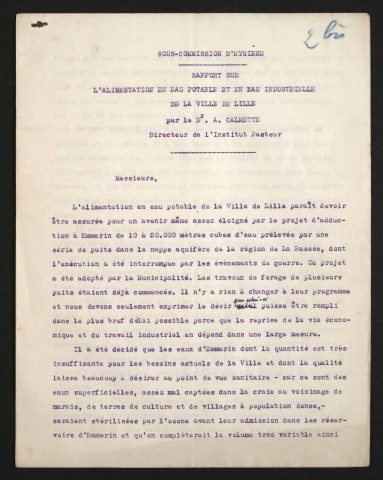 Rapport sur l'alimentation en eau potable et en eau industrielle de la Ville de Lille par le docteur A. Calmette
