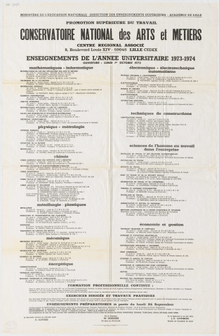 Conservatoire national des arts et métiers. Enseignements de l'année universitaire1973. Horaires pour chaque matières.