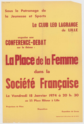 Lille, 55 place Rihour. Conférence-débat "La place de la femme dans la société française".