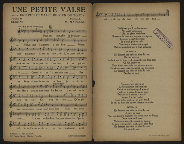 Une pette valse de rien du tout, paroles Simons, musique V. Marceau