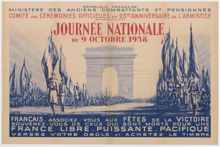 Ministère des anciens combattants et pensionnés. Comités des cérémonies officielles du 20ème anniversaire de l'Armistice. Arrêté ministériel du 4 juin 1938. Journée nationale du 9 octobre 1938.