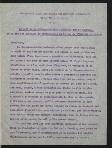 Rapport sur le quartier de la rue des Bouchers et prolongation de la rue de l'Hôpital militaire