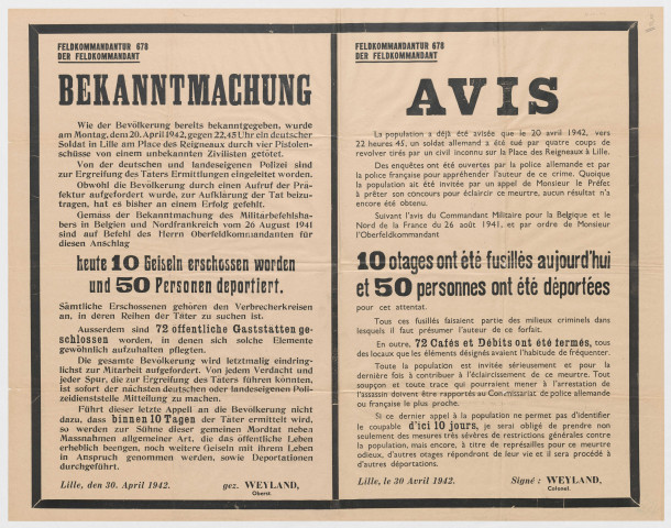 Avis relatif à 10 otages fusillés et 50 otages déportés.