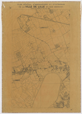 Plan général d'aménagement et d'extension de la ville de Lille et des environs, établi en 1920 sous l'administration Delory par Lemoine, ingénieur en chef des Ponts et chaussées, directeur des travaux municipaux. Numérotation de 1 à 4, manquant n°3 avec double des n°1 et n°4, 5 pièces.