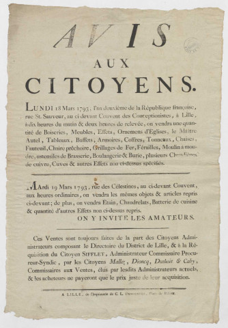 Lille, ancien couvent des Conceptionistes et ancien couvent rue des Célestines. Vente de mobilier écclésiastique.
