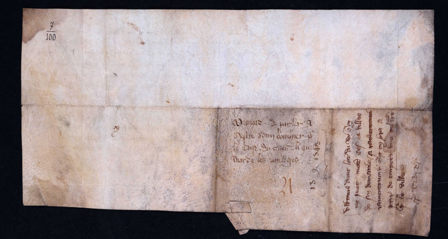 Mandement royal au bailli de Tournai lui enjoignant de saisir le temporel de l'évêque de Cambrai dans le cas où l'interdit aurait été prononcé dans des paroisses situées le long de l'Escaut, près Tournai, au préjudice de la juridiction du roi (13 novembre 1343).