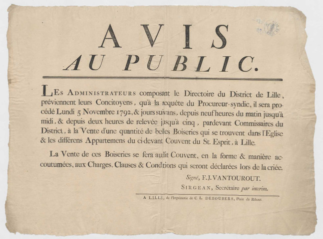 Lille, couvent du Saint-Esprit. Vente des anciennes boiseries de l'église et des appartements du couvent
