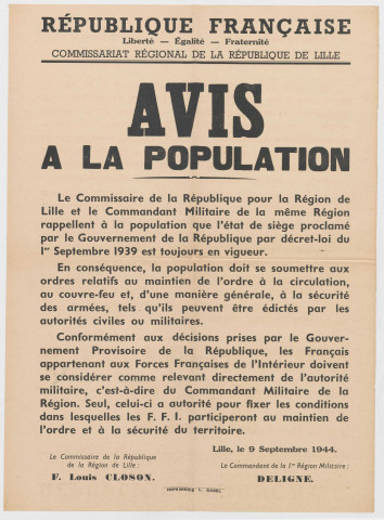 Commissariat Régional de la République . Avis à la population. Circulation, couvre-feu.
