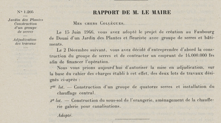 Délibération du 8 février 1947 « Jardin des plantes,  construction d’un groupe de serres, adjudication des travaux » - Archives municipales de Lille - 1D/2/148