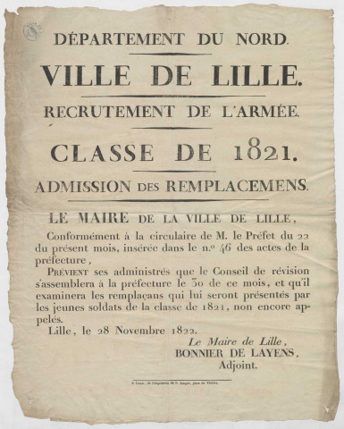 Recrutement de l'armée, classe de 1821 : admission des remplacements