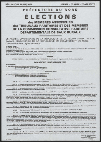 Préfecture du Nord. Elections dimanche 13 novembre 1983 des membres assesseurs des tribunaux paritaires et des membres de la commission consultative paritaire départementale de baux ruraux. Arrêté du 18 octobre 1983.