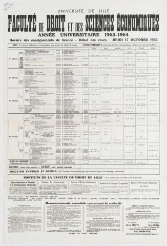 Université de Lille. Faculté de Droit et Sciences Economiques. Année universitaire 1963-1964. Horaires des cours et exercices pratiques pour la licence. Renseignement concernant la scolarité.