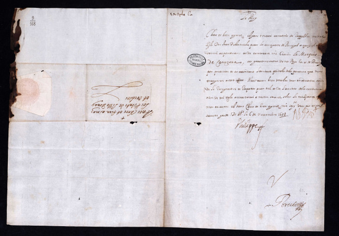 Notification par Philippe IV aux Etats de Lille de la nomination du marquis de Caracena, gouverneur intérimaire des Pays-Bas en l'absence de don Juan d'Autriche rappelé pour l'expédition de Portugal (6 novembre 1658).