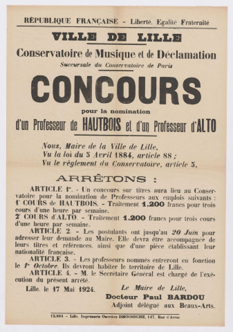 Conservatoire de musique et de déclamation. Concours pour la nomination d'un professeur de hautbois et un professeur d'alto. Arrêté du 17 mai 1924.