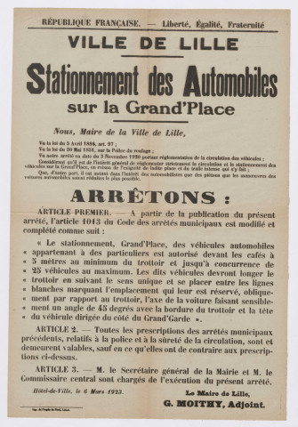 Stationnement des automobiles sur la Grand'Place. Arrêté du 6 mars 1923.