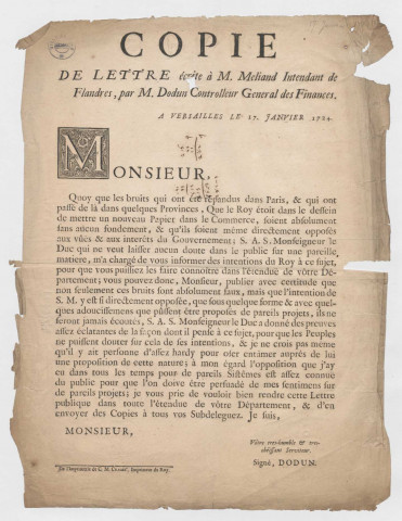Copie de lettre écrite à Monsieur Meliand, intendant en Flandres par Monsieur Dodun, contrôleur général des finances, sur le projet d'introduction du papier monnaie
