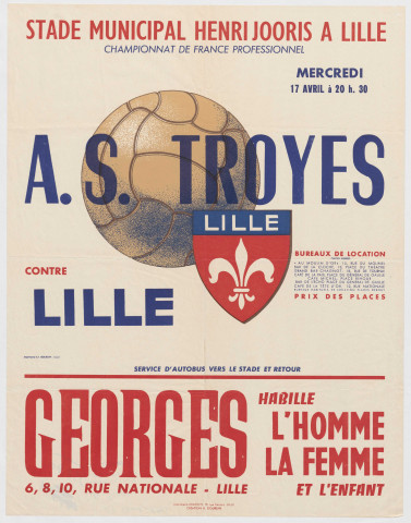 Stade municipal Henri Jooris. Match de football Troyes contre le L.O.S.C.