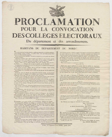 Proclamation pour la convocation des collèges électoraux du département du Nord et de l'ensemble des arrondissements Lille