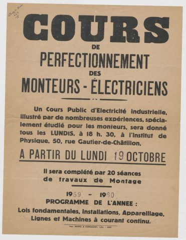 Institut de Physique, rue Gauthier de Châtillon. Cours de perfectionnement des monteurs-électriciens. Annonce des cours. Année 1959-1960.