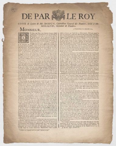 Copie de lettre de Monsieur Dodun, contrôleur général des finances, écrite à Monsieur Melliand, intendant de Flandre, sur le prix des monnaies