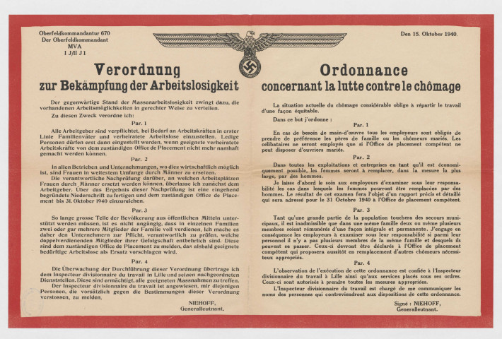 Ordonnance du Général-lieutenant concernant la lutte contre le chômage.